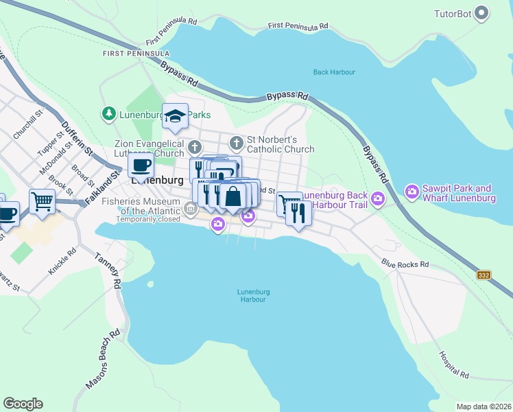 map of restaurants, bars, coffee shops, grocery stores, and more near 156 Cumberland Street in Lunenburg