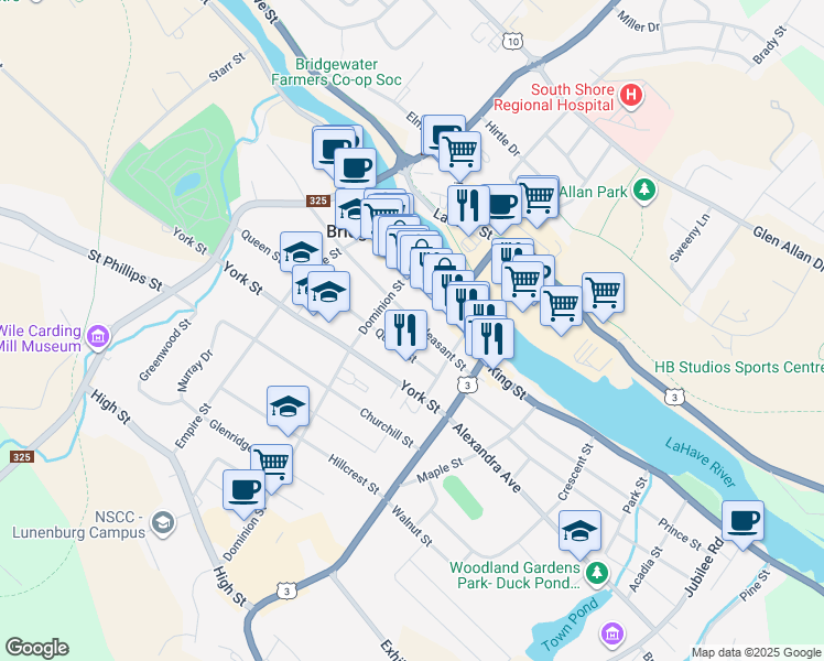 map of restaurants, bars, coffee shops, grocery stores, and more near 59 Pleasant Street in Bridgewater