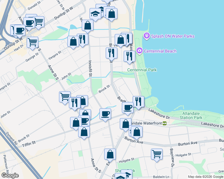 map of restaurants, bars, coffee shops, grocery stores, and more near 202 Bradford Street in Barrie