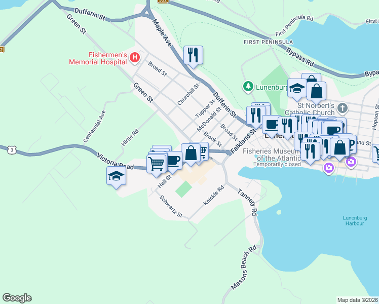 map of restaurants, bars, coffee shops, grocery stores, and more near 75 Green Street in Lunenburg