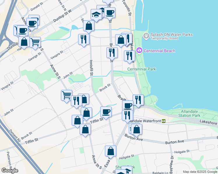 map of restaurants, bars, coffee shops, grocery stores, and more near 195 Bradford Street in Barrie