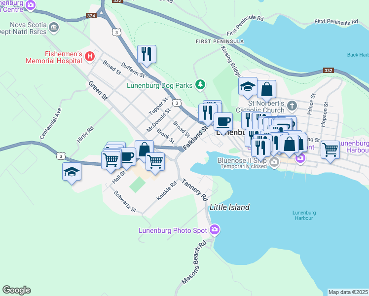 map of restaurants, bars, coffee shops, grocery stores, and more near in Lunenburg