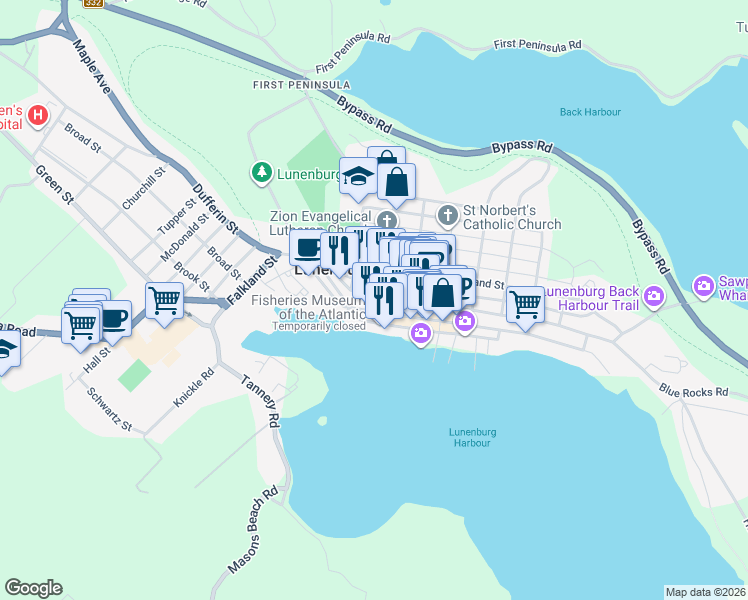 map of restaurants, bars, coffee shops, grocery stores, and more near 52 Pelham Street in Lunenburg