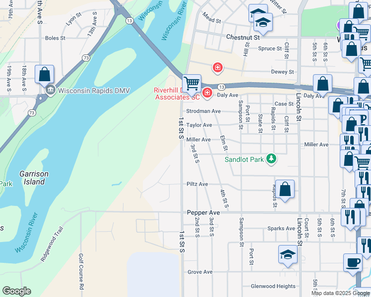 map of restaurants, bars, coffee shops, grocery stores, and more near 220 Miller Avenue in Wisconsin Rapids
