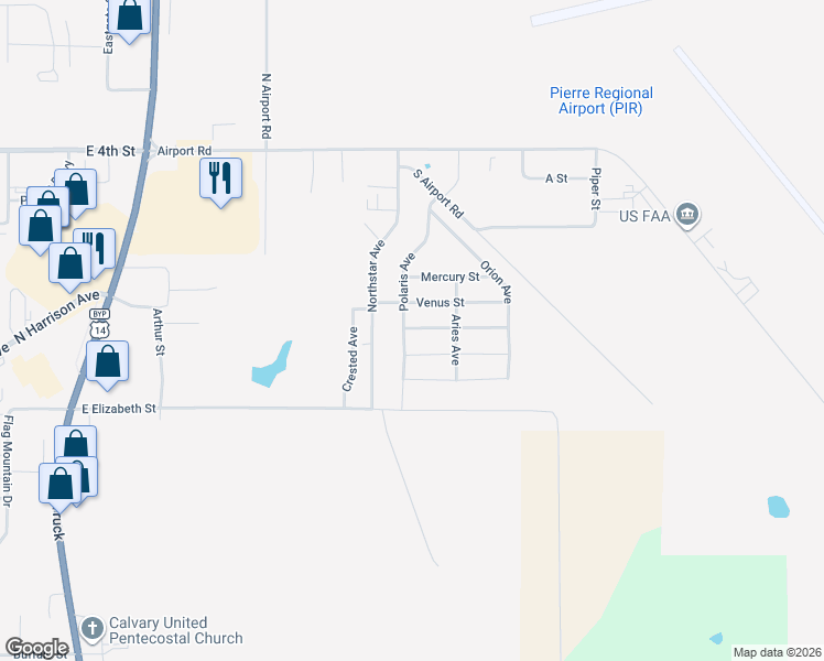 map of restaurants, bars, coffee shops, grocery stores, and more near Mars Street in Pierre