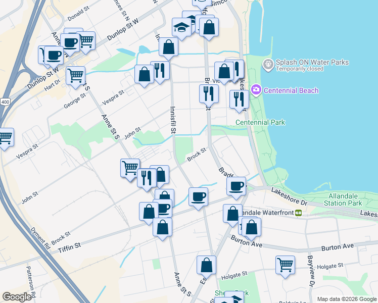 map of restaurants, bars, coffee shops, grocery stores, and more near 120 Sanford Street in Barrie