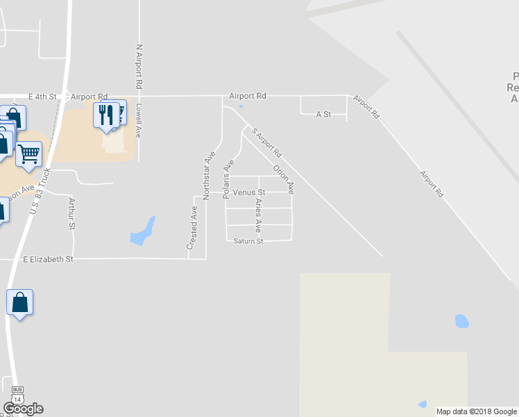 map of restaurants, bars, coffee shops, grocery stores, and more near Mars Street in Pierre