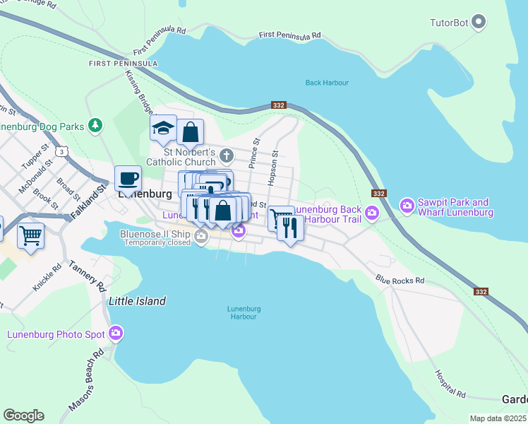 map of restaurants, bars, coffee shops, grocery stores, and more near 1 Hopson Street in Lunenburg