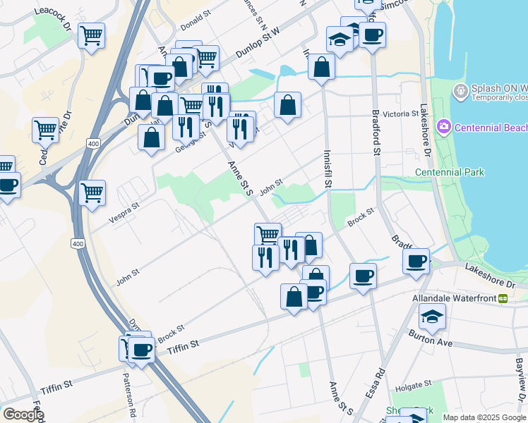 map of restaurants, bars, coffee shops, grocery stores, and more near 75 Anne Street South in Barrie