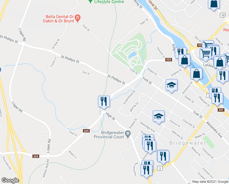 map of restaurants, bars, coffee shops, grocery stores, and more near 206 Victoria Road in Bridgewater
