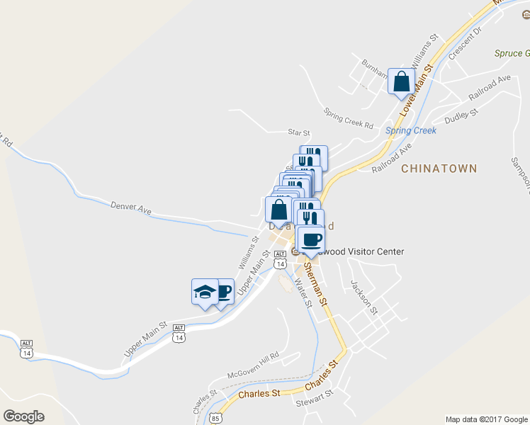 map of restaurants, bars, coffee shops, grocery stores, and more near 28 Centennial Street in Deadwood