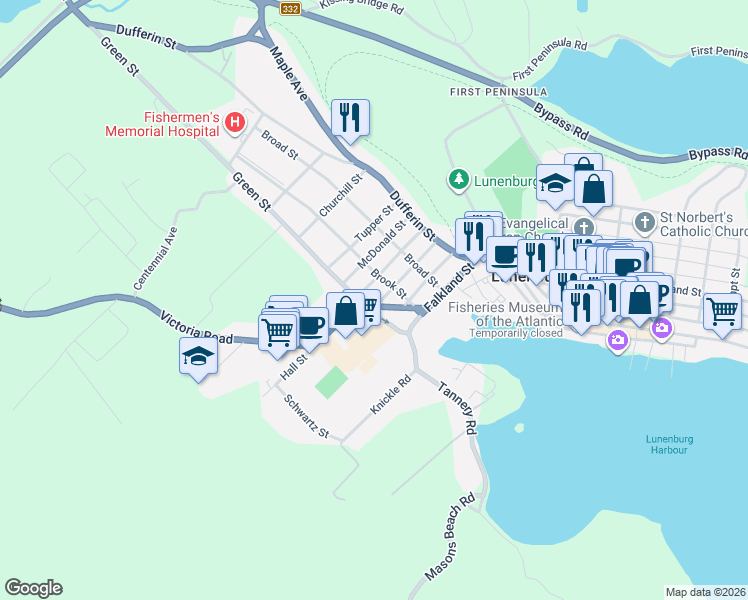 map of restaurants, bars, coffee shops, grocery stores, and more near 63 McKenzie Street in Lunenburg