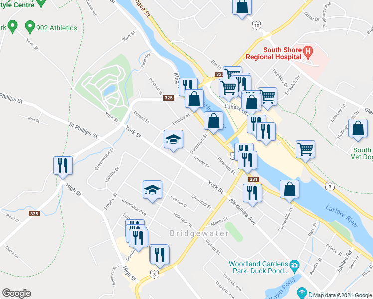 map of restaurants, bars, coffee shops, grocery stores, and more near 80 Queen Street in Bridgewater