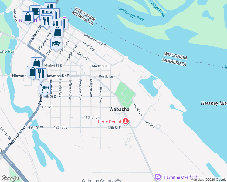map of restaurants, bars, coffee shops, grocery stores, and more near 707 County Road 30 in Wabasha