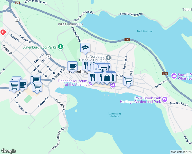 map of restaurants, bars, coffee shops, grocery stores, and more near 200 Lincoln Street in Lunenburg
