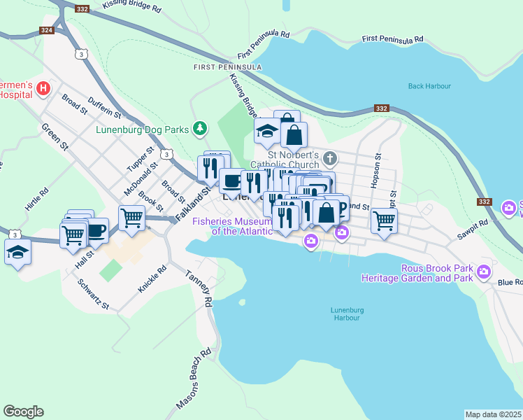 map of restaurants, bars, coffee shops, grocery stores, and more near 11 Pelham Street in Lunenburg
