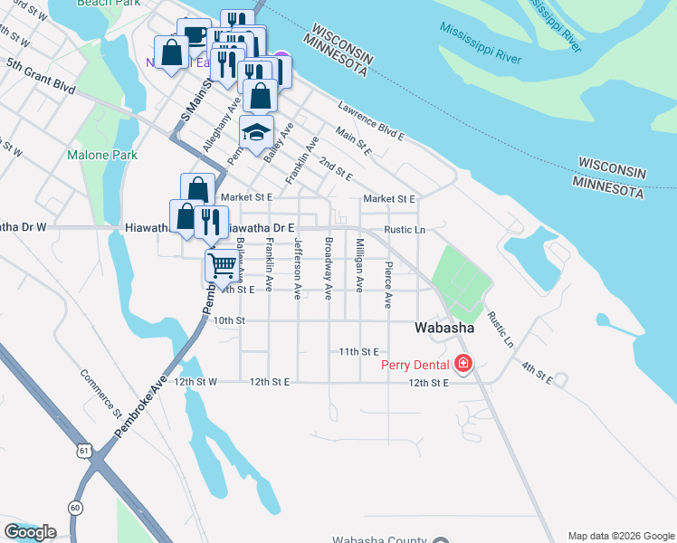 map of restaurants, bars, coffee shops, grocery stores, and more near 530 8th Street East in Wabasha