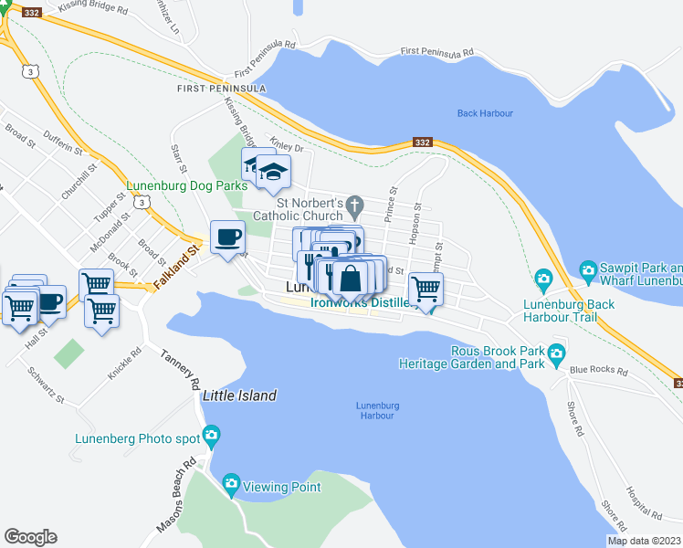 map of restaurants, bars, coffee shops, grocery stores, and more near 253 Lincoln Street in Lunenburg