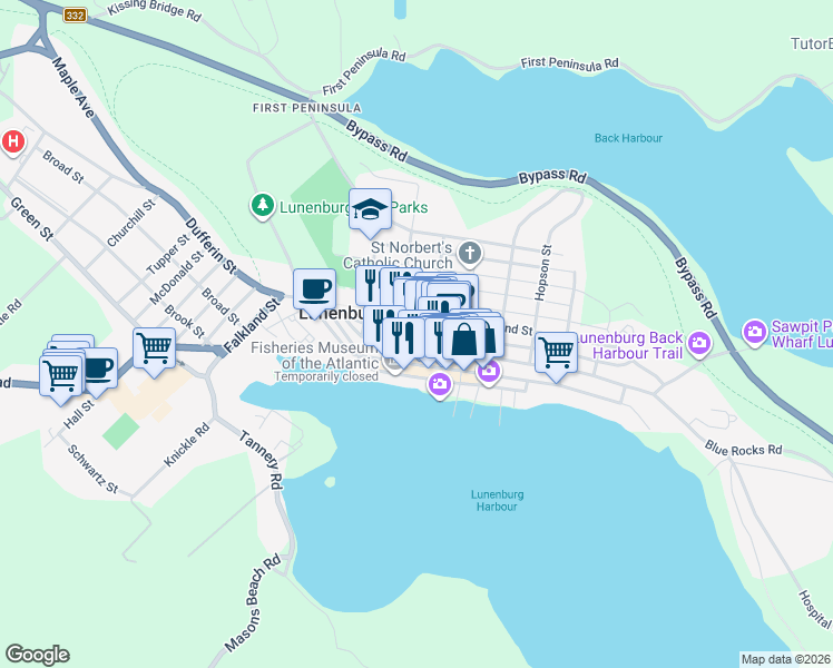 map of restaurants, bars, coffee shops, grocery stores, and more near 200 Lincoln Street in Lunenburg