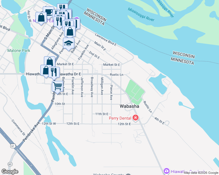 map of restaurants, bars, coffee shops, grocery stores, and more near 630 8th St E in Wabasha