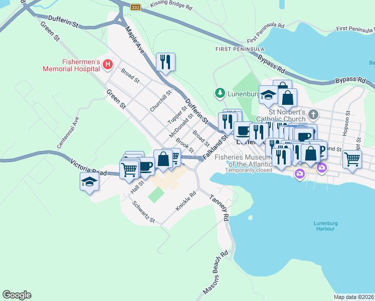 map of restaurants, bars, coffee shops, grocery stores, and more near 41 Brook Street in Lunenburg