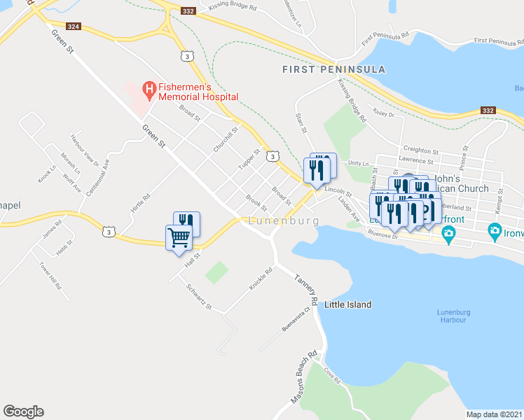 map of restaurants, bars, coffee shops, grocery stores, and more near 41 Brook Street in Lunenburg