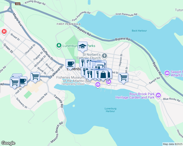 map of restaurants, bars, coffee shops, grocery stores, and more near Lincoln Street in Lunenburg