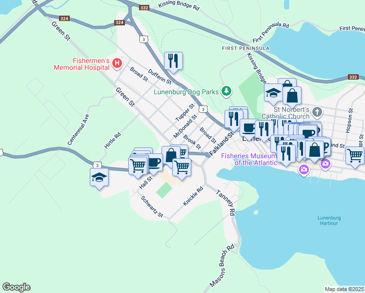 map of restaurants, bars, coffee shops, grocery stores, and more near 63 McKenzie Street in Lunenburg