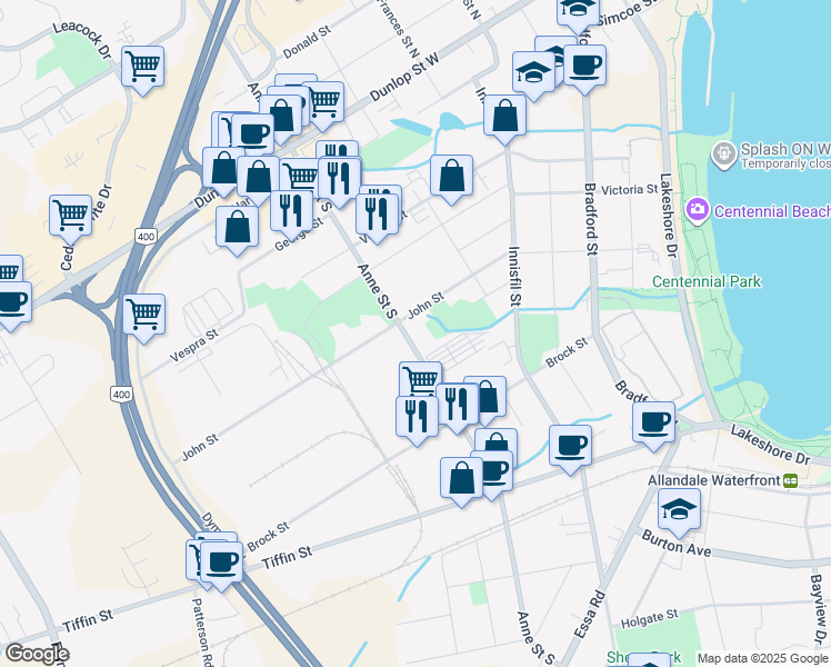 map of restaurants, bars, coffee shops, grocery stores, and more near 75 Anne Street South in Barrie