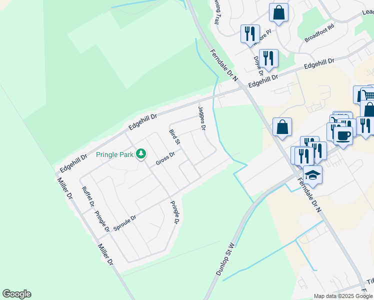 map of restaurants, bars, coffee shops, grocery stores, and more near 83 Bird Street in Barrie