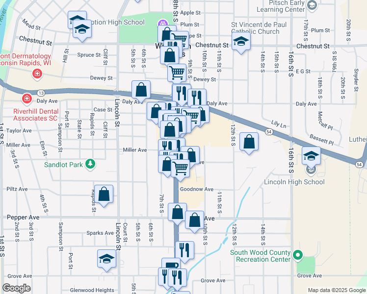 map of restaurants, bars, coffee shops, grocery stores, and more near 1919 8th Street South in Wisconsin Rapids