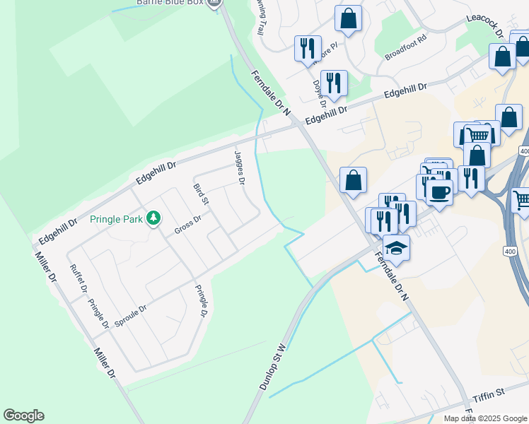 map of restaurants, bars, coffee shops, grocery stores, and more near 47 Jagges Drive in Barrie