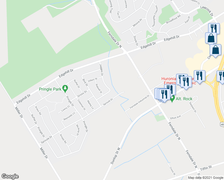 map of restaurants, bars, coffee shops, grocery stores, and more near 47 Jagges Drive in Barrie
