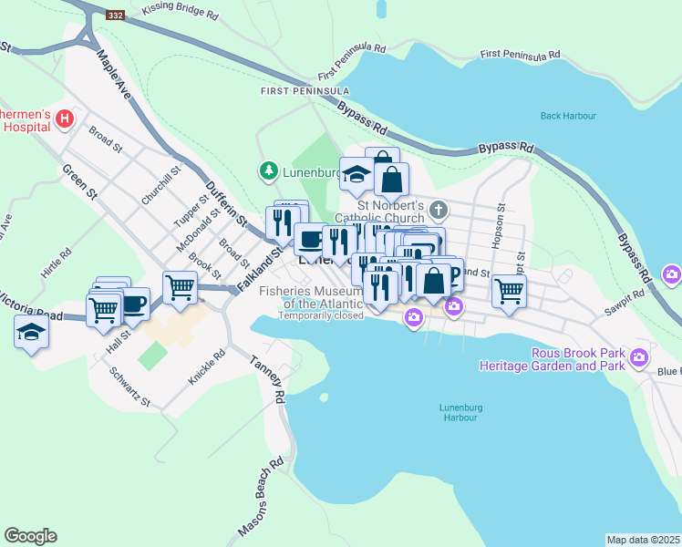 map of restaurants, bars, coffee shops, grocery stores, and more near 10 Pelham Street in Lunenburg