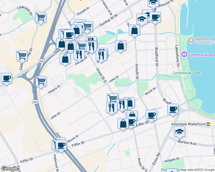 map of restaurants, bars, coffee shops, grocery stores, and more near 90 Anne Street South in Barrie
