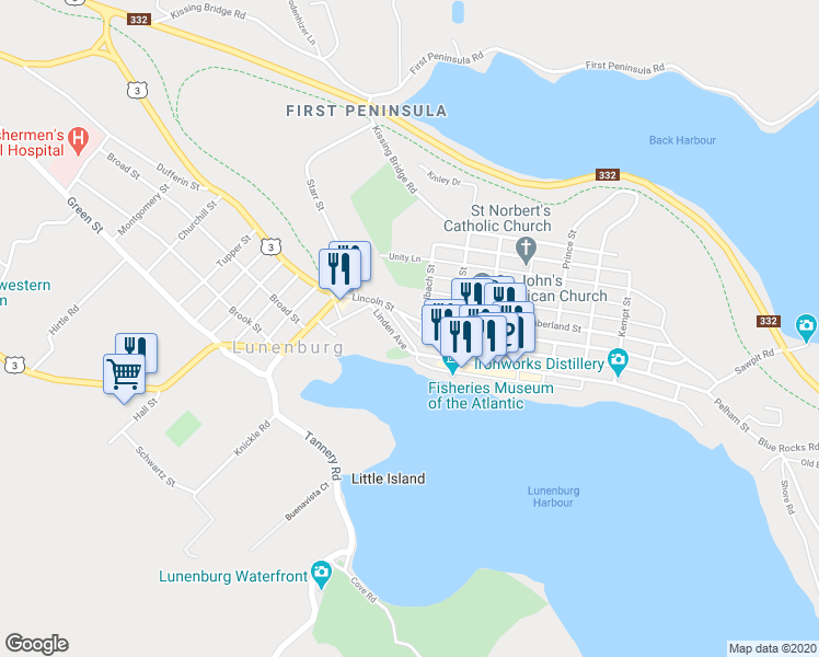 map of restaurants, bars, coffee shops, grocery stores, and more near 10 Pelham Street in Lunenburg