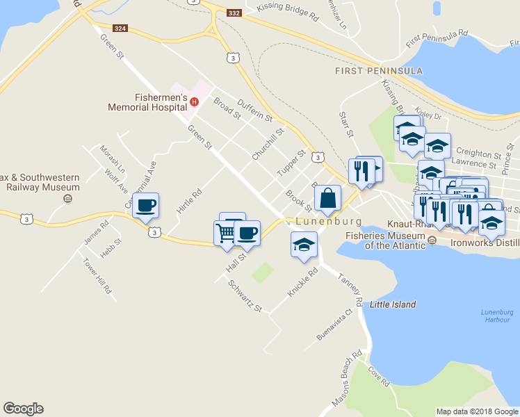 map of restaurants, bars, coffee shops, grocery stores, and more near 75 Green Street in Lunenburg