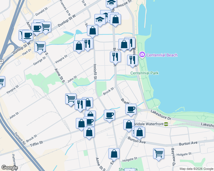 map of restaurants, bars, coffee shops, grocery stores, and more near 111 Sanford Street in Barrie