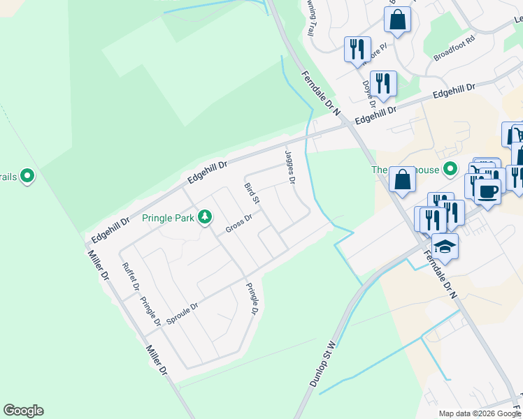 map of restaurants, bars, coffee shops, grocery stores, and more near Bird Street in Barrie