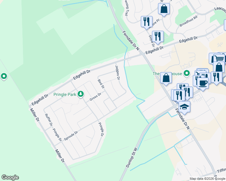 map of restaurants, bars, coffee shops, grocery stores, and more near 83 Bird Street in Barrie