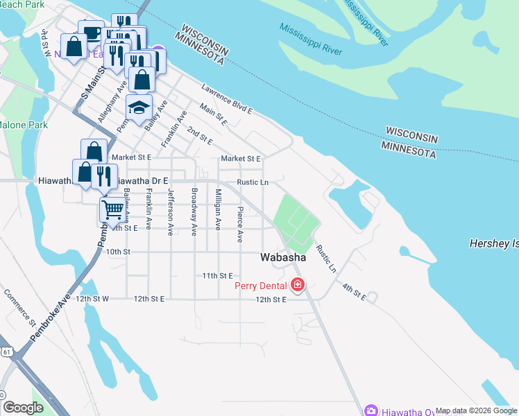map of restaurants, bars, coffee shops, grocery stores, and more near 707 County Road 30 in Wabasha