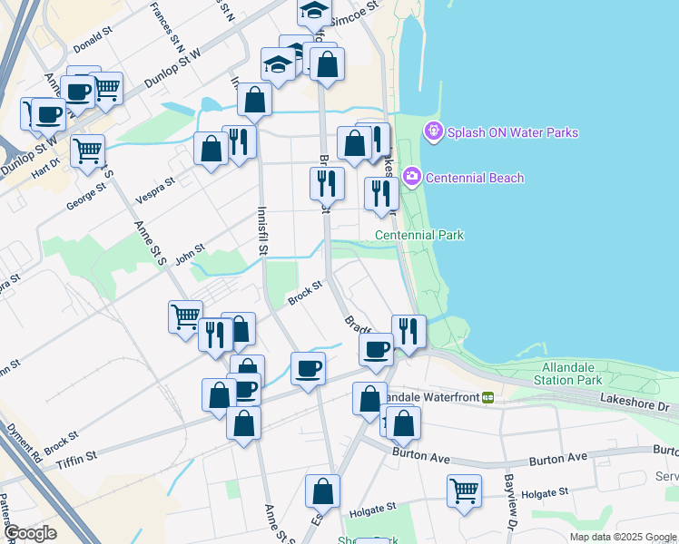 map of restaurants, bars, coffee shops, grocery stores, and more near 195 Bradford Street in Barrie