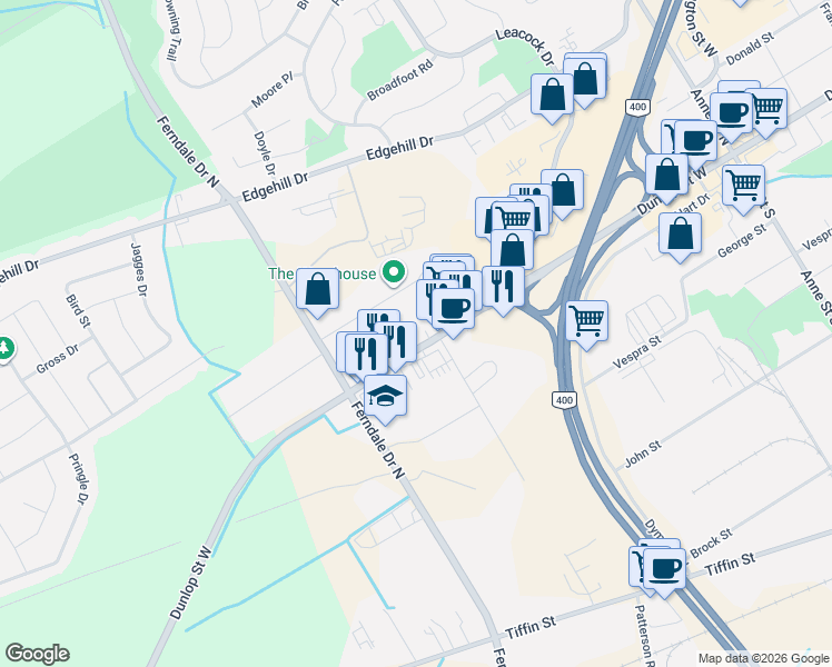 map of restaurants, bars, coffee shops, grocery stores, and more near 422 Dunlop Street West in Barrie