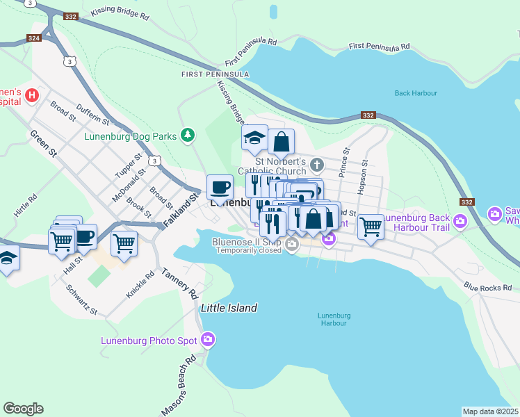 map of restaurants, bars, coffee shops, grocery stores, and more near 145 Lincoln Street in Lunenburg