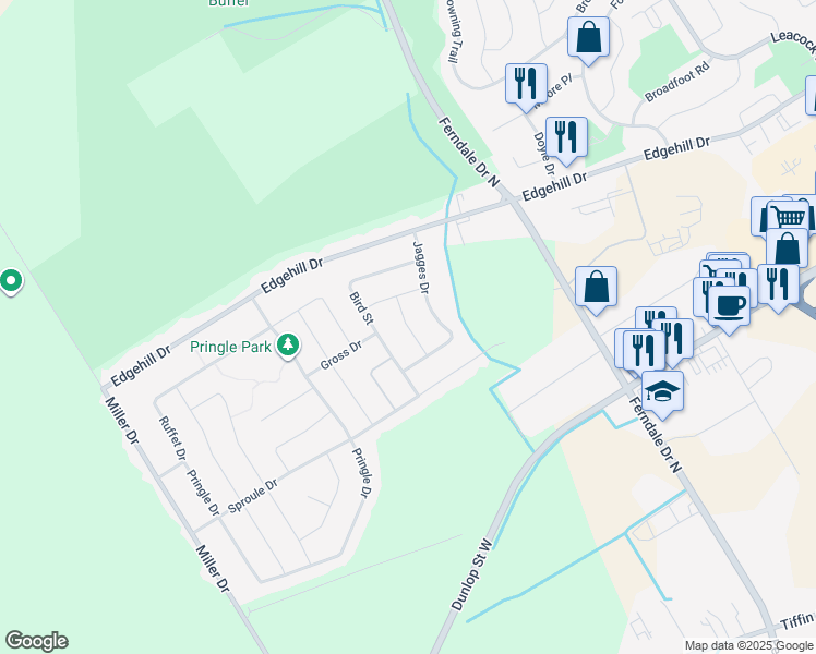 map of restaurants, bars, coffee shops, grocery stores, and more near Ridwell Street in Barrie