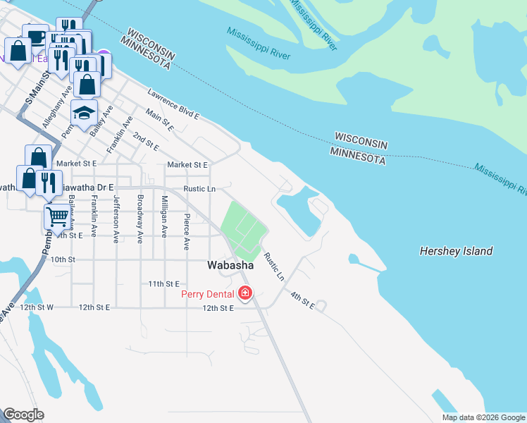 map of restaurants, bars, coffee shops, grocery stores, and more near 1115 Rustic Lane in Wabasha