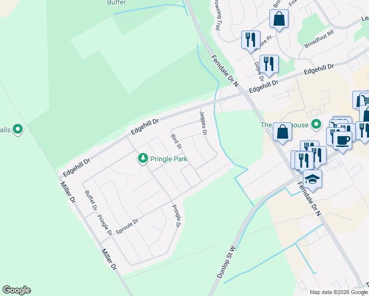 map of restaurants, bars, coffee shops, grocery stores, and more near 73 Bird Street in Barrie
