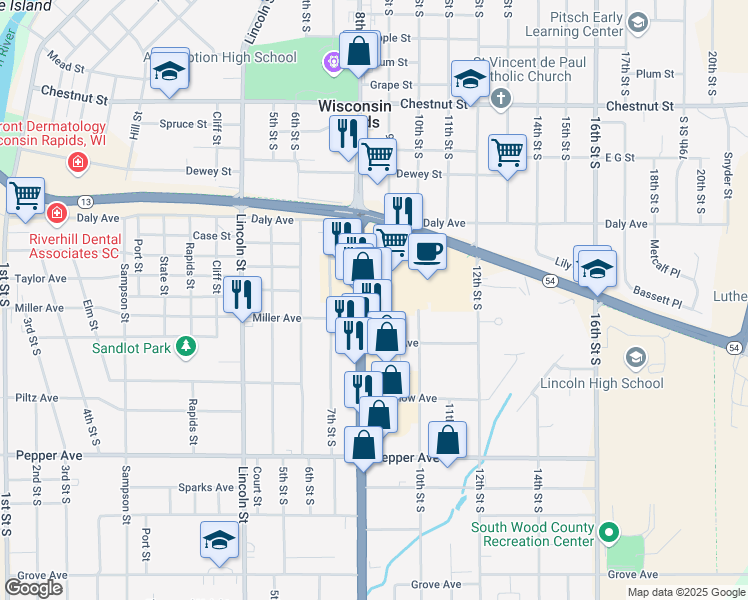 map of restaurants, bars, coffee shops, grocery stores, and more near 1919 8th Street South in Wisconsin Rapids