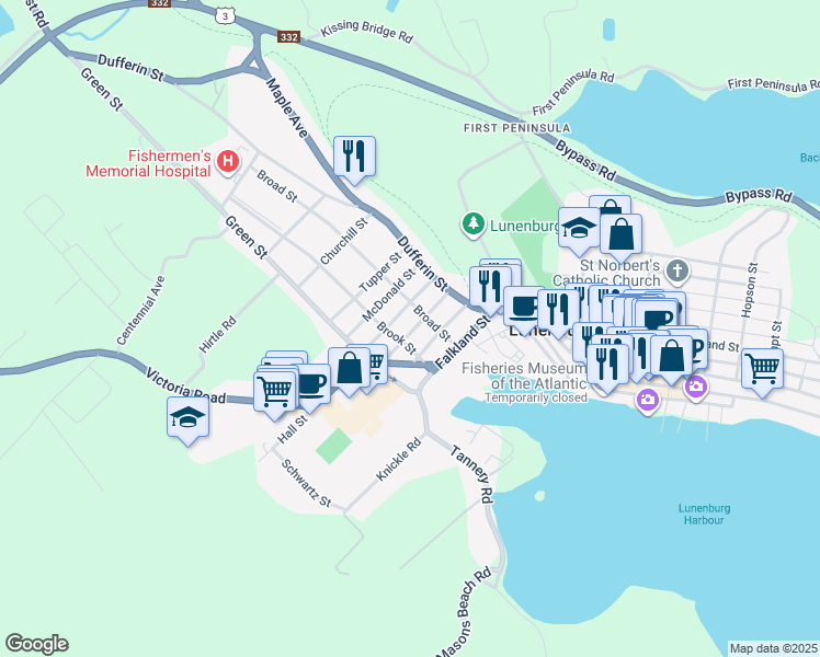 map of restaurants, bars, coffee shops, grocery stores, and more near 41 Brook Street in Lunenburg