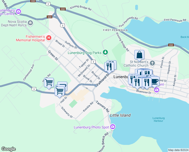 map of restaurants, bars, coffee shops, grocery stores, and more near 23 Broad Street in Lunenburg